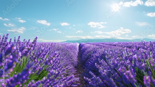 Sun-drenched lavender field in Provence France teeming with vibrant purple blooms under the clear blue July sky