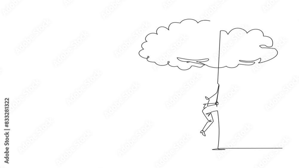 Animation of continuous one line drawing businesswoman climbing clouds with rope. A metaphor for hanging dreams sky high. Ultimate success. Hard worker. Work smarter. Full length motion