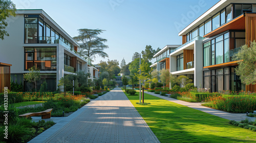 Architecture of modern townhouses in a residential area. New buildings area with green lawn, beautiful alleys.