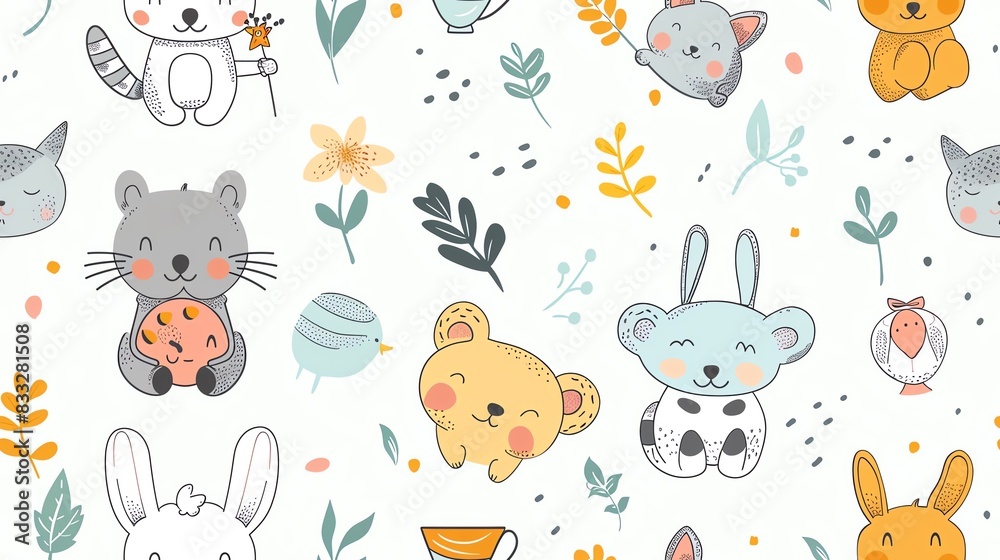 Hand-drawn seamless pattern with cute cartoon animals holding toys, showcasing a sweet and imaginative children's theme