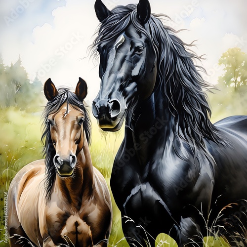 A friesian horse with a little girl, watercolor. 