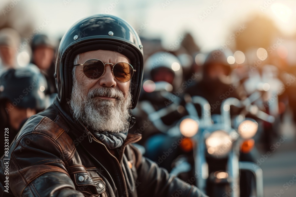 Seasoned man wearing a helmet and sunglasses with a genuine smile at a motorcycle club meetup during a golden sunset backdrop Seasoned man wearing a helmet and sunglasses with a genuine smile at a motorcycle club meetup during a golden sunset backdrop
