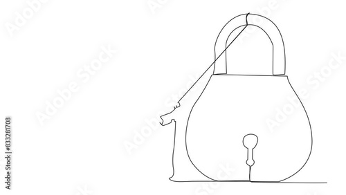 Animated self drawing of single one line drawing businesswoman climbing padlock with rope. Do the best to privatize business. Sole owner. Smart hard work. Satisfied. Full length single line animation photo