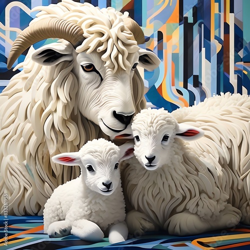 A baby valais blacknose sheep and its mama, wall art. 