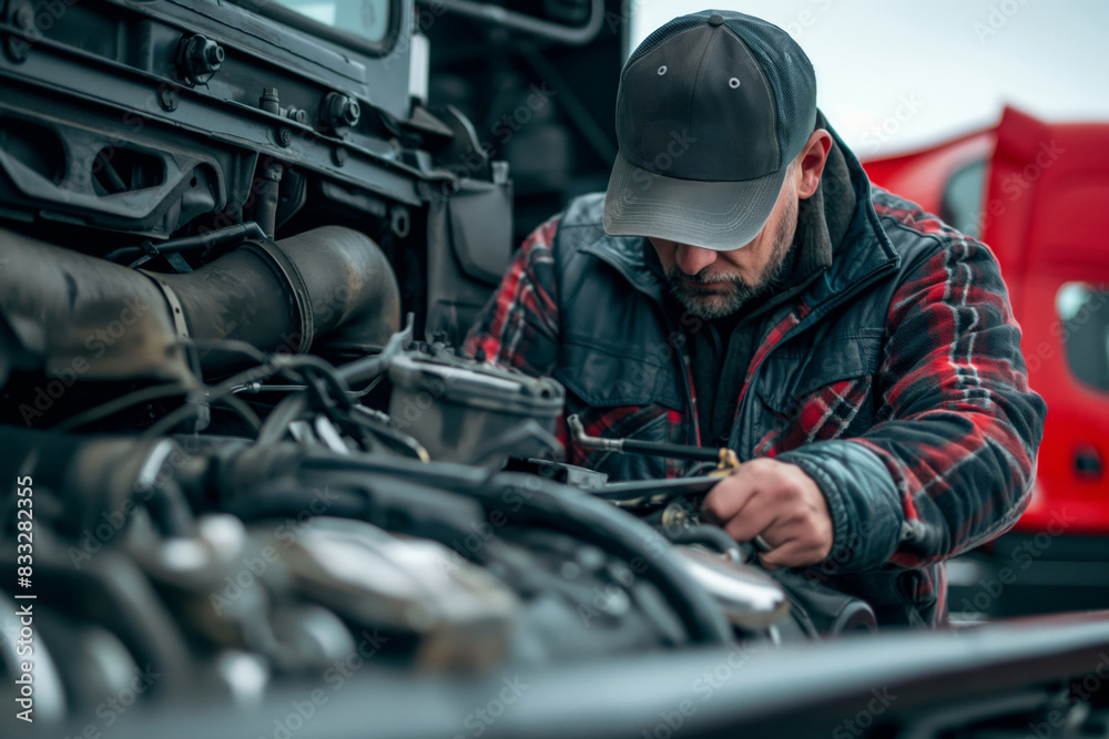Focused male truck driver, clad in a plaid shirt and cap, meticulously checks the engine of his red semitruck Focused male truck driver, clad in a plaid shirt and cap, meticulously checks the engine of his red semitruck