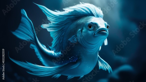 A blue fish with white hair swimming in the water  AI