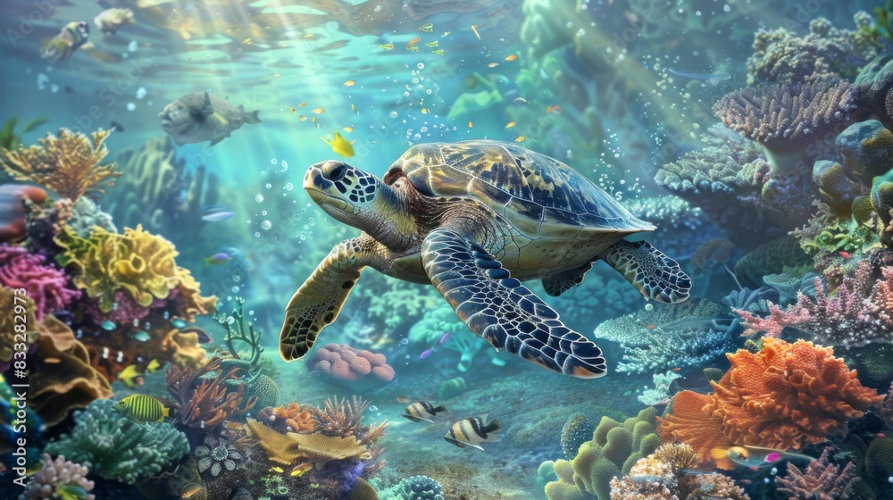 Fototapeta premium Sea Turtle Exploring Vibrant Coral Reef Ecosystem