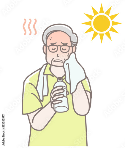 熱中症で水分補給するシニア男性のイラスト