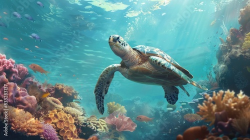 Sea Turtle Exploring Vibrant Coral Reef Ecosystem