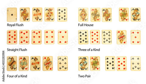 Poker hand ranking with vintage playing cards isolated on completely white background