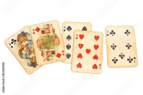 Two Pair poker vintage playing cards isolated on completely white background