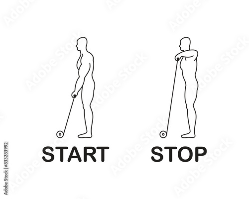 An exercise for the trapezius and deltoid muscles, a sports exercise on a gym machine, a line drawing of a person doing sports.