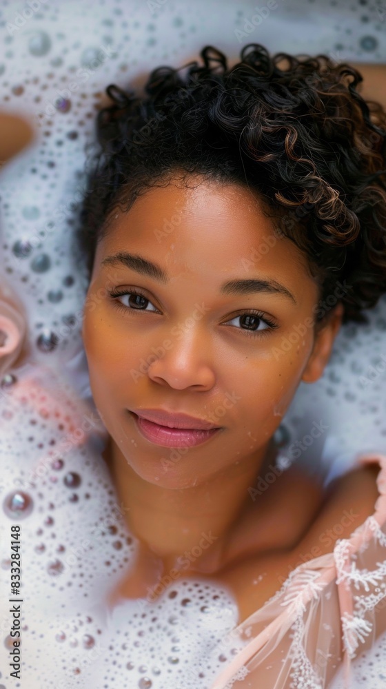 A woman is in a bathtub with bubbles and her face is visible A woman is in a bathtub with bubbles and her face is visible