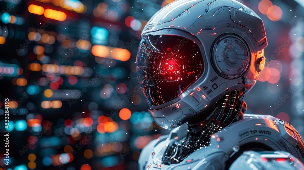 AI robot interfacing with cloud network, digital screens, dynamic angle, high-tech environment