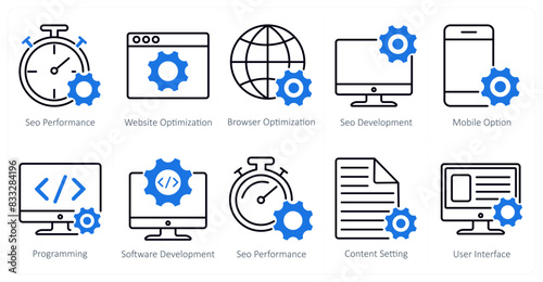 A set of 10 seo icons as seo performance, website optimization, browser optimization