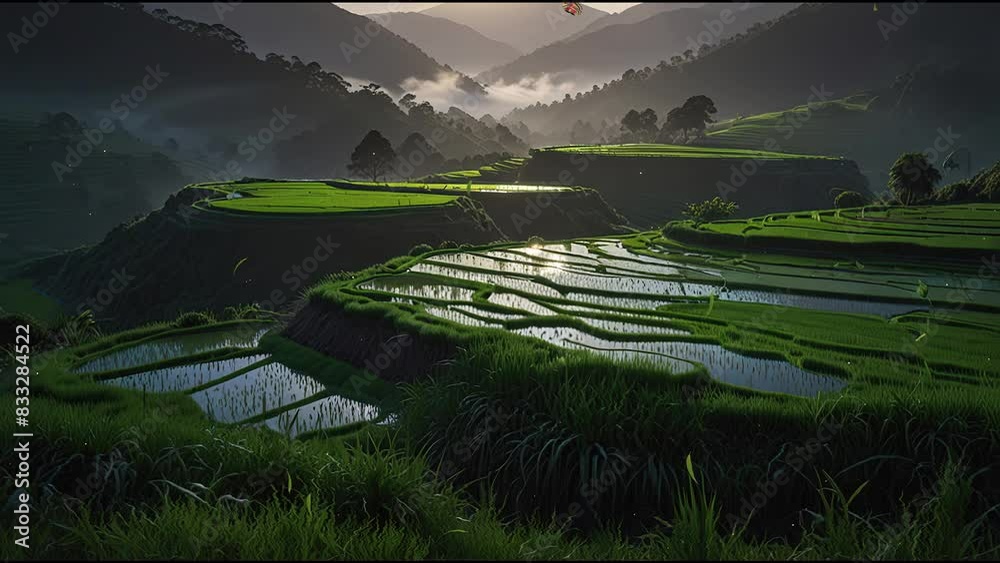 This is an video of terraced rice fields in a valley. The rice fields ...