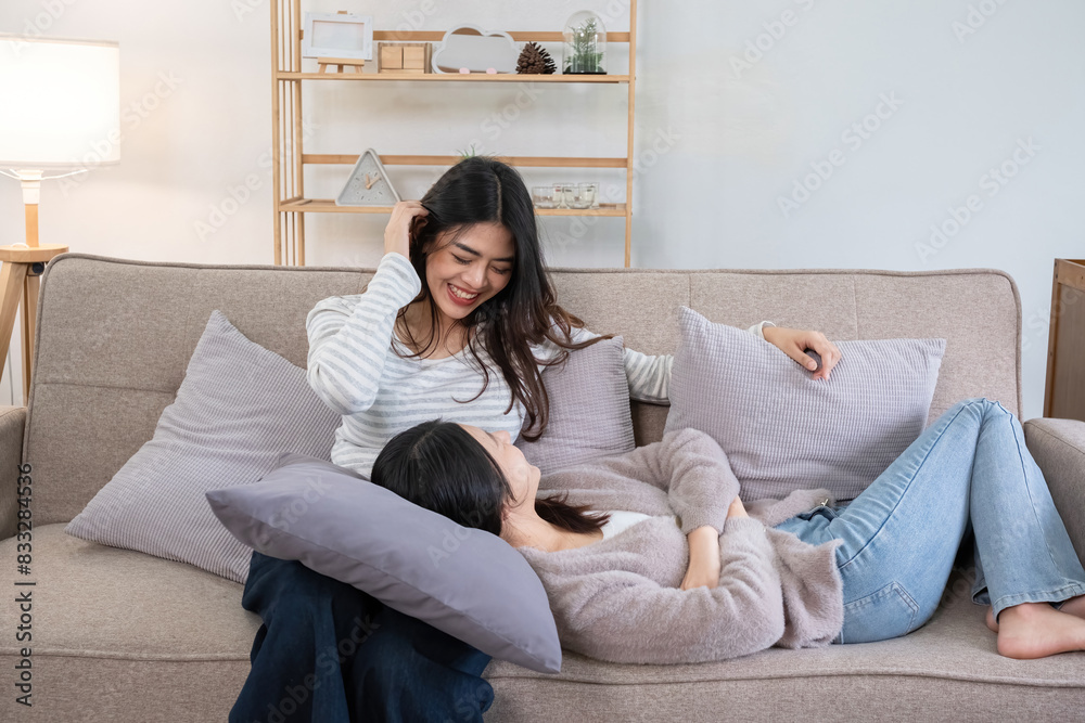 Two young women relaxing on couch at home. Concept of friendship and comfort