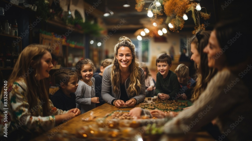 A woman and a group of children enjoy a playful moment while playing a board game at a family gathering A woman and a group of children enjoy a playful moment while playing a board game at a family gathering