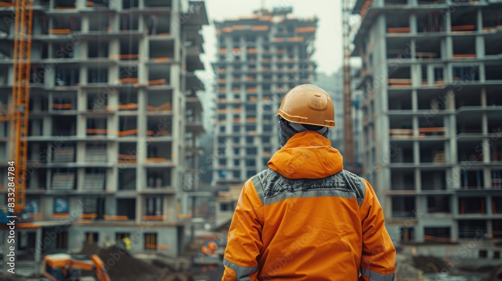 Man in orange jacket and hard hat at construction site