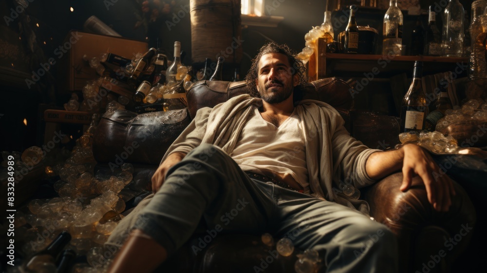 A relaxed man lounges in a chair surrounded by ice and numerous emptied bottles of alcohol, reflecting a sense of overindulgence