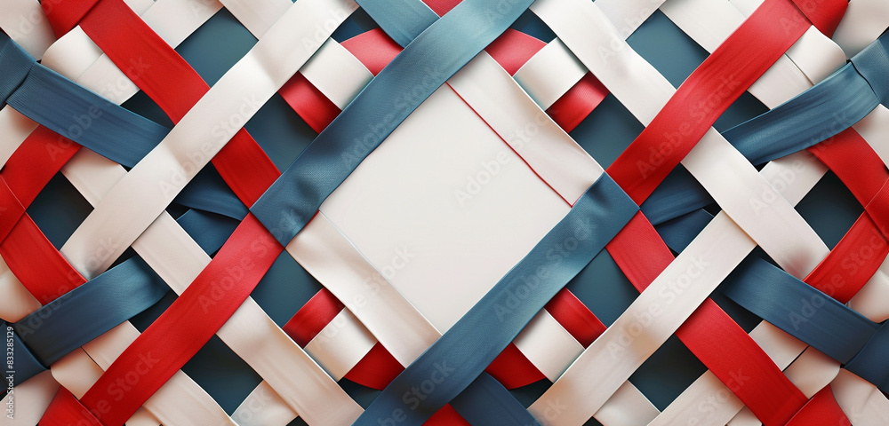 Ultrawide layout with interlocking geometric design in red, white, and blue, providing a blank white center. Ultrawide layout with interlocking geometric design in red, white, and blue, providing a blank white center.