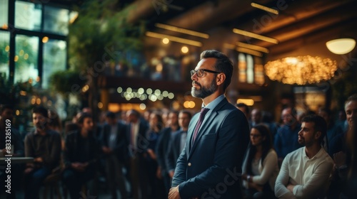 A professional man confidently stands giving a speech to an attentive audience at a networking event