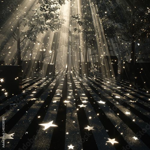 Artistic 3D visualization of light rays shining through an array of stars and stripes, creating a peaceful cemetery scene. photo