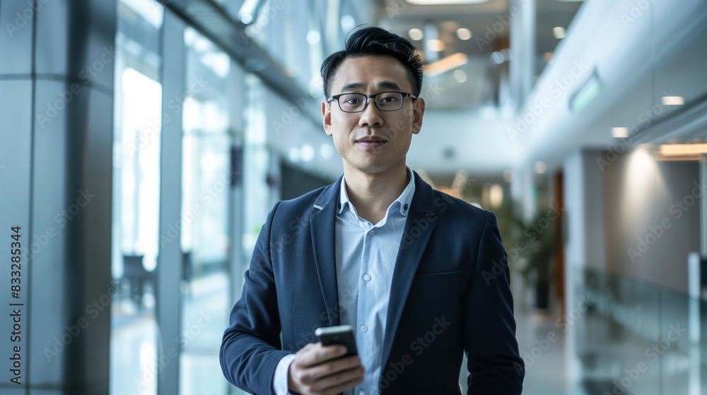 Chinese corporate man confidently walking through an office hallway