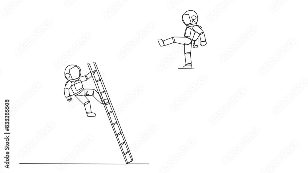 Animation of single one line drawing astronaut kicks rival who is climbing the diamond with a ladder. Knocking rival down from achieving a glorious position together. Full length motion Animation of single one line drawing astronaut kicks rival who is climbing the diamond with a ladder. Knocking rival down from achieving a glorious position together. Full length motion