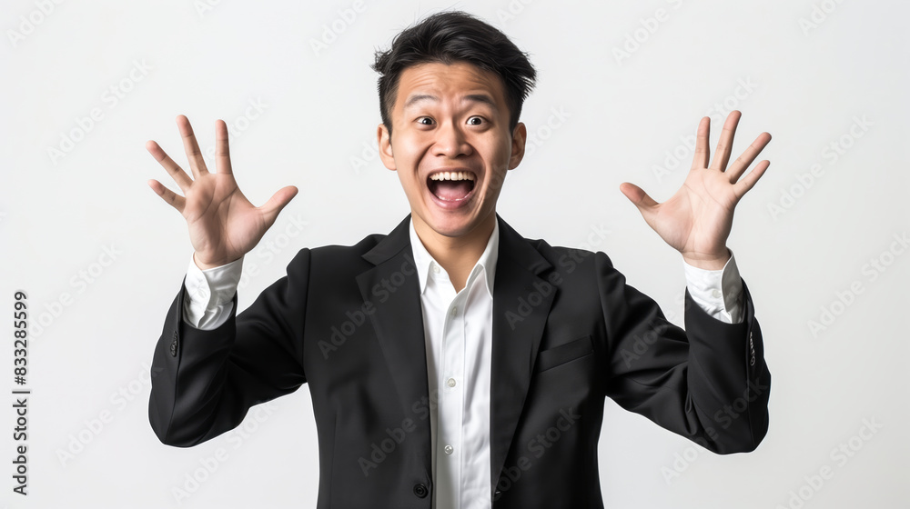 Chinese corporate man gesturing with both hands Chinese corporate man gesturing with both hands