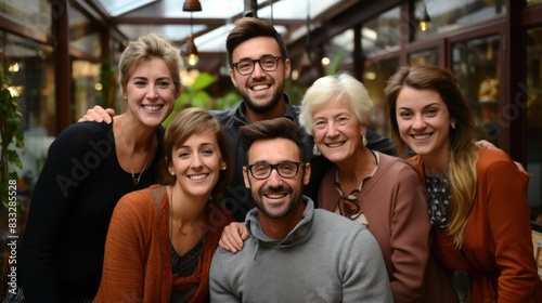 A multi-generational family group sharing a laugh together, portraying happiness and familial bonds