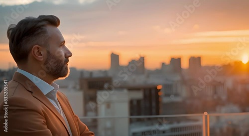 Real estate mogul enjoys aerial view of city for investment opportunities. Concept Real Estate Investment, Aerial Photography, Urban Development, Business Strategy, City Views