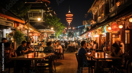 A bustling dining street with people and traditional architecture under night lights, conveying a lively atmosphere