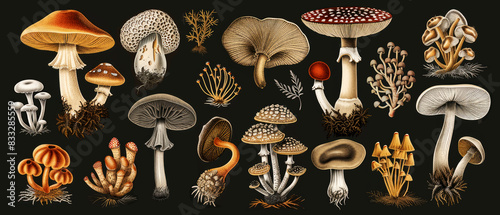 Color botany illustration showing various mushrooms on black background	
