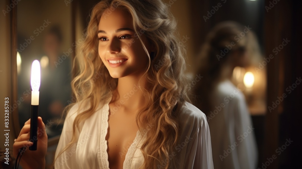 An attractive young woman holds a candle, casting a warm glow in a vintage setting An attractive young woman holds a candle, casting a warm glow in a vintage setting