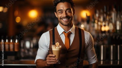 A cheerful barman presents a crafted cocktail with a confident smile, embodying friendliness and skill