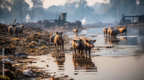 Domestic pigs roam freely by a riverbank in a rural landscape with smoke and cattle in the background