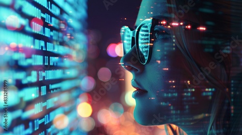 Software, coding hologram and woman on tablet thinking of data analytics, digital technology and night overlay. Programmer or IT person in glasses on 3d screen, programming and cybersecurity research
