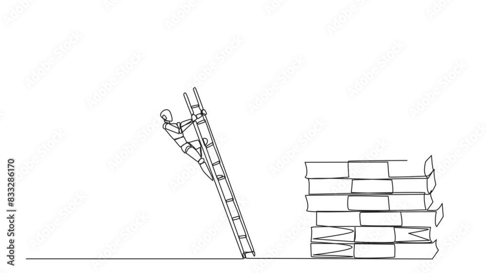 Animation of continuous one line drawing smart robot kicks opponent who is climbs pile of banknotes with ladder. Struggle together but want to achieve big profit alone. Full length motion Animation of continuous one line drawing smart robot kicks opponent who is climbs pile of banknotes with ladder. Struggle together but want to achieve big profit alone. Full length motion