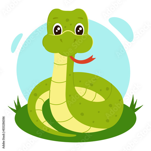 Cute green snake on the grass. Cartoon little snake. Vector illustration