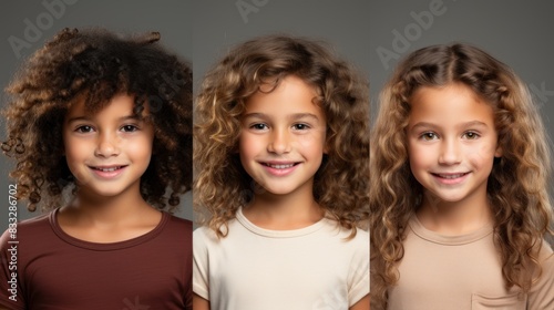 Triple portrait of a young girl showing different stages of curly hair from frizzy to defined curls photo