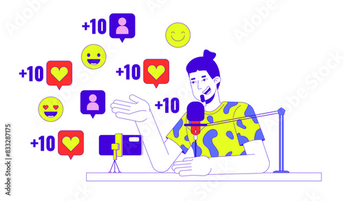 Viral podcaster talking into microphone 2D linear illustration concept. Caucasian guy vlogger cartoon character isolated on white. Social media popularity metaphor abstract flat vector outline graphic
