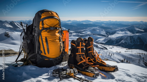 A vibrant orange mountaineering backpack and a pair of boots with crampons are set against a snowy mountain landscape photo