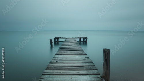 Calm sea and wooden pier creating a sense of quietude and solitude. photo