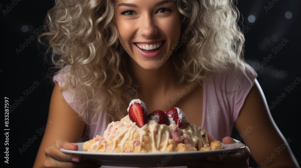A cheerful woman is showing off a plate full of waffles with ice cream and strawberries, with a blurred dark background A cheerful woman is showing off a plate full of waffles with ice cream and strawberries, with a blurred dark background