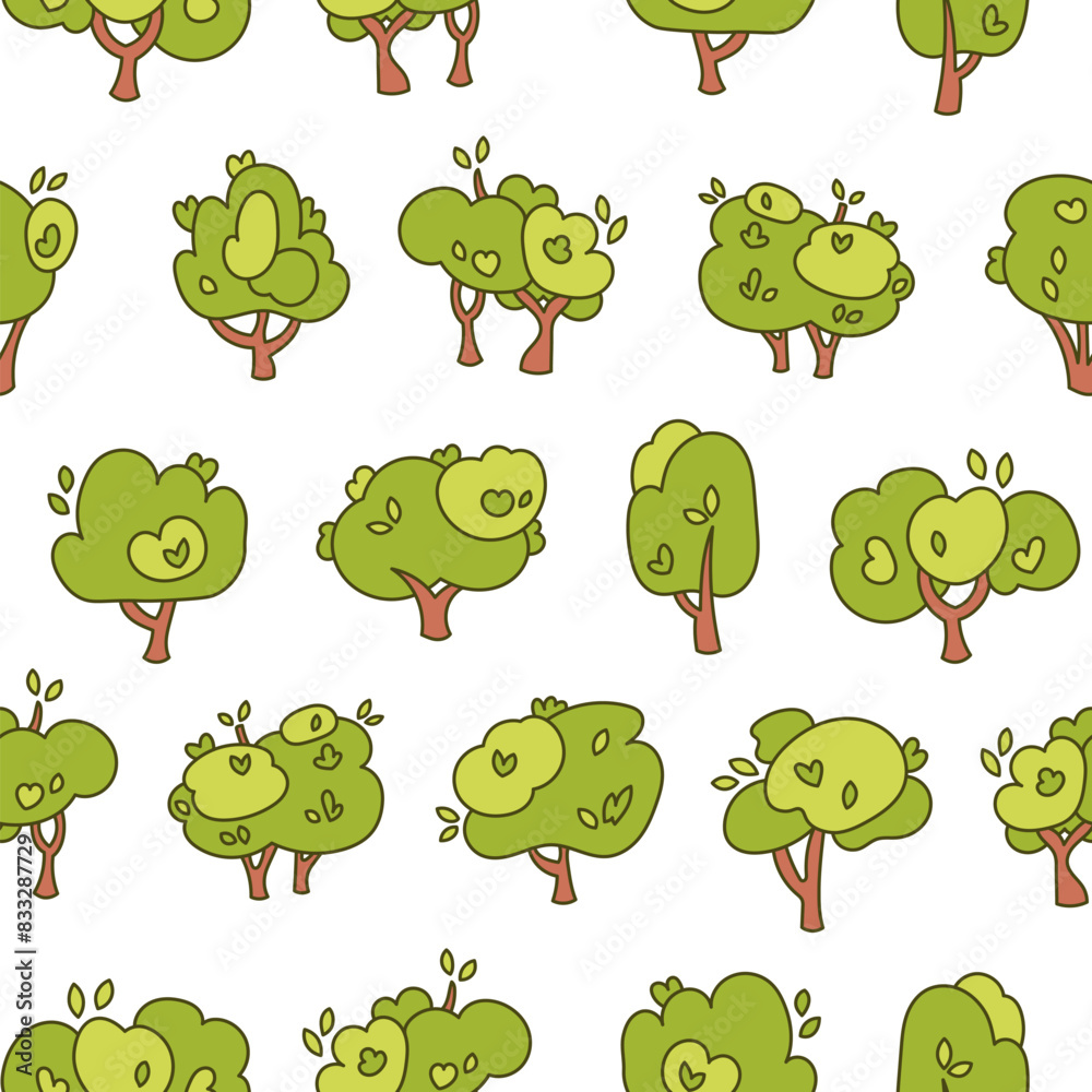 Obraz premium Deciduous tree. Seamless pattern. Forest flora, agricultural garden and nature park plant. Hand drawn style. Vector drawing. Design ornaments.