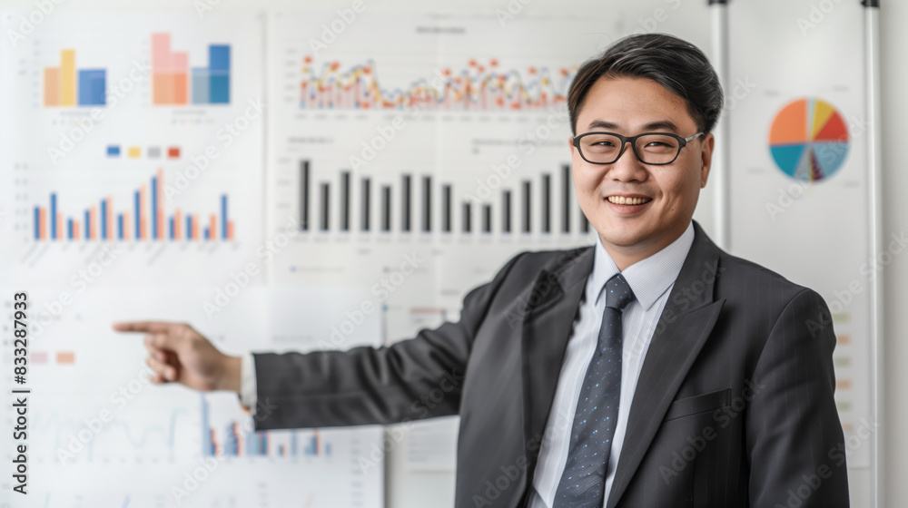 Chinese corporate man pointing at a chart Chinese corporate man pointing at a chart