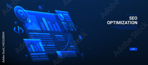 Horizontal banner of SEO Optimization. Web analytics and seo marketing social media. Polygonal vector illustration with analytics search information. Marketing social media concept.