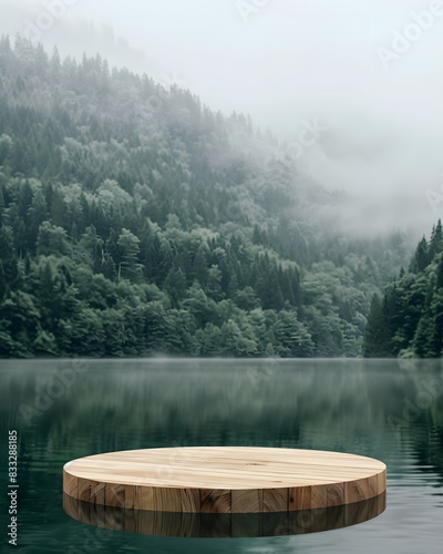 A round wooden podium floating on the surface of a lake