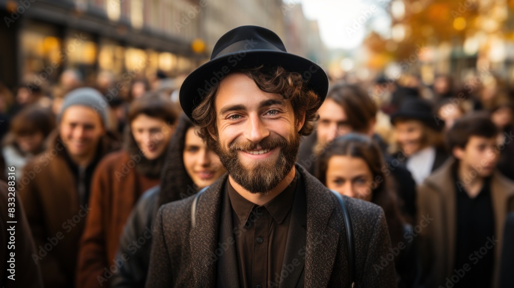 A smiling man in a fashionable hat stands out with his warm disposition in the midst of a bustling urban crowd A smiling man in a fashionable hat stands out with his warm disposition in the midst of a bustling urban crowd